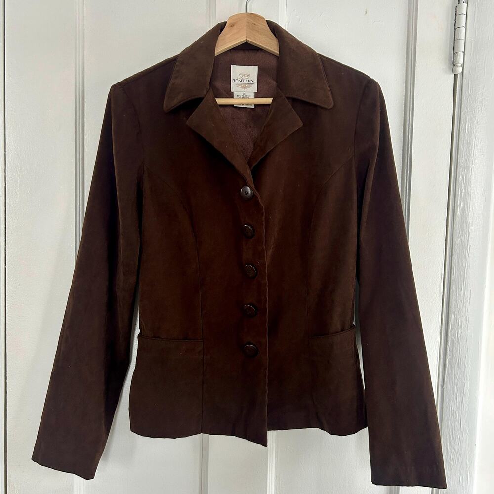 Vintage 1990s Y2K Faux Suede Chocolate Brown Blazer | Medium Brown Retro Jacket